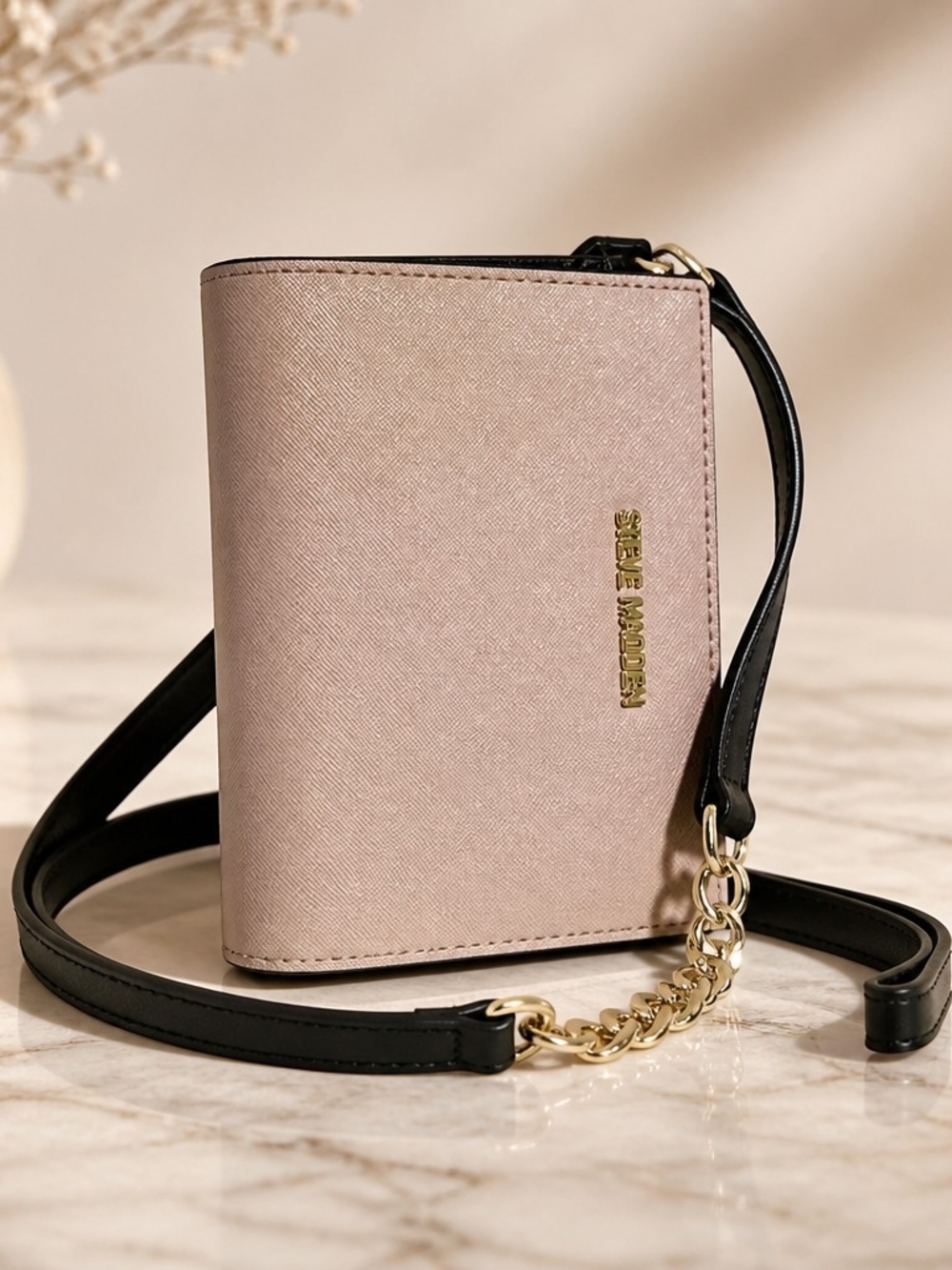 Steve Madden Blush and Black Crossbody Wallet with Gold Hardware